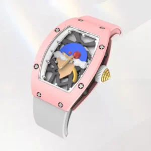 CRONUSART Women Automatic Watch 31mm Tonneau Ladies Mechanical Wristwatch Ceramic Case Fluororubber Strap Skeleton Dial