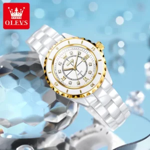 OLEVS 5658 Women's Fashion Quartz Watch White Porcelain Ceramic Bracelet Diamond Hour Markers Waterproof Gift For Elegant Women