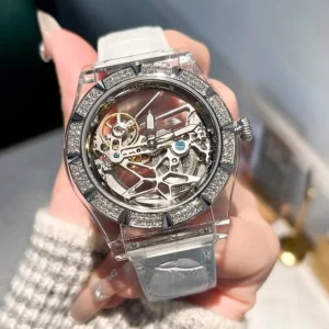 Designer Transparent Mechanical Watch Office Women Fashion Diamonds Hollow Out Fashion Silicone Strap Pin Buckle Casual Watches