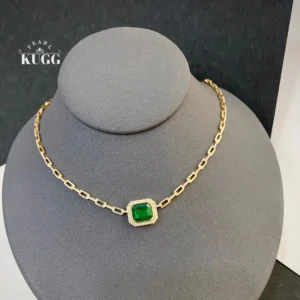 KUGG 100% 18K Yellow Gold Necklace Luxury Design Shiny Diamond Natural Emerald Necklace for Women Senior Banquet Fine Jewelry
