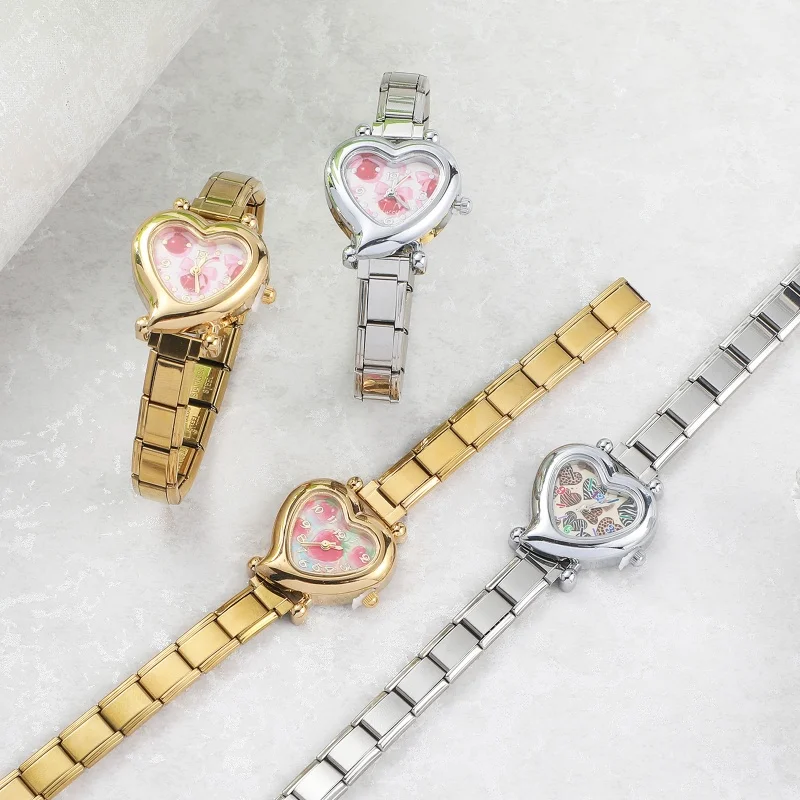 Fashion Women Cherry Strawberry Watch Heart Dial Stainless Steel Fit 9mm Bracelet For Party Friend Wife Birthday Jewelry Gift