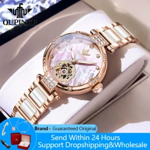 OUPINKE 3183 Women's Watches Original Hollow Automatic Mechanical Watch For Woman Luxury Ceramic Steel Strap Ladies Wristwatches