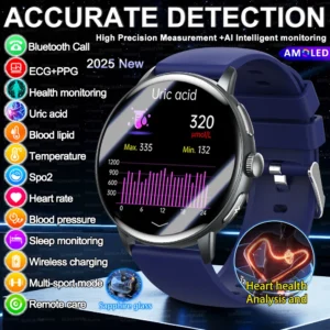 2025 New Heart Health Analysis Uric Acid Smart Watch Body Fat ECG+PPG BP Blood Oxygen HD Clock BT Call Smart Watch For Men Women