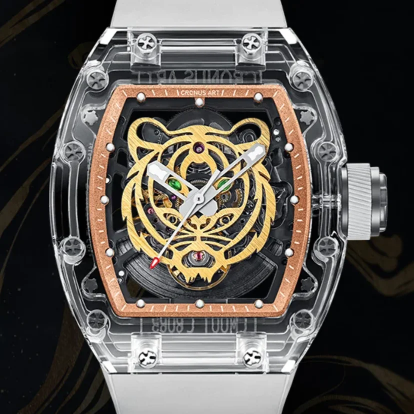CRONUSART Men Automatic Watch Fashion 50mm Tonneau Mechanical Wristwatch Acrylic Case Luminous Skeleton Tiger Dial