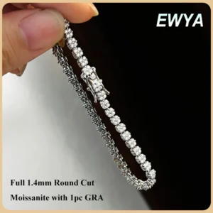 EWYA 4-Stone Full 1.4mm Round Cut Moissanite Tennis Bracelet GRA Certified Lab Diamond 925 Silver Link Bracelets for Women Man