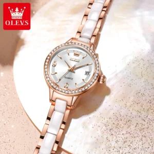 OLEVS 7093 Original Quartz Watch For Women Luminous Waterproof Stainless Steel Ceramic Strap Zirconia Dial Girls Birthday Gift.