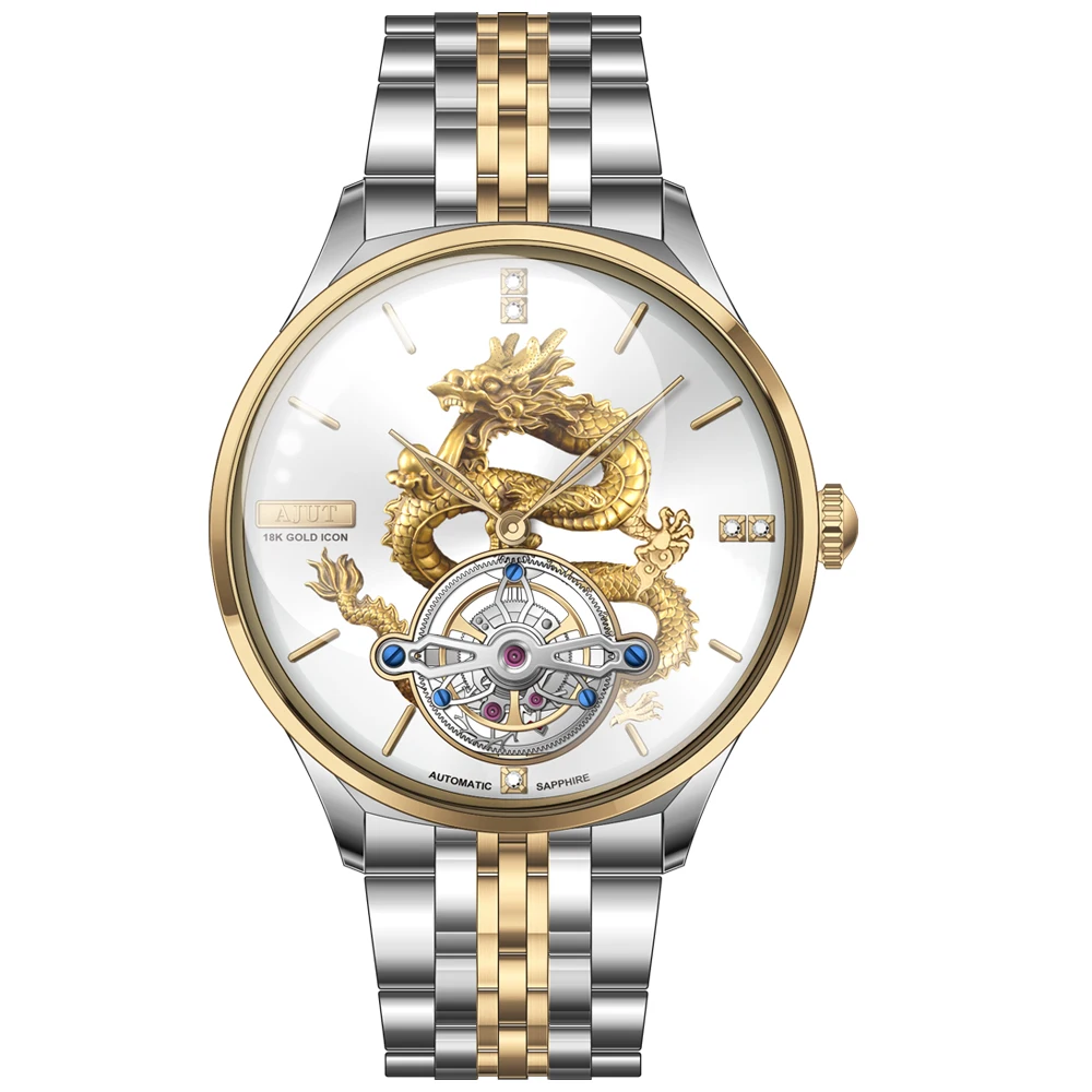 AJUT Automatic Tourbillon Mechanical Man Watches 18K Gold Dragon-shaped Sapphire Flying Movement Men Watch 0501
