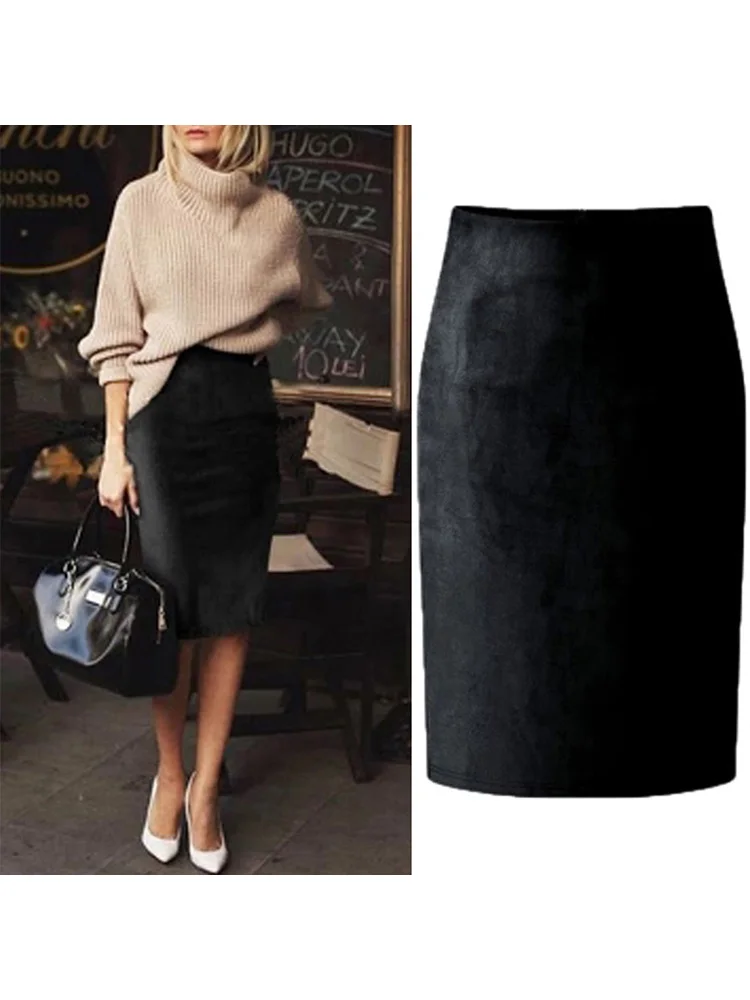 Sexy Multi Color Suede Midi Pencil Skirt Women 2024 Fashion Elastic High Waist Office Lady Bodycon Skirts Saias - Image 2