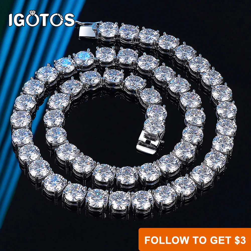 IGOTOS 2ct Luxury Full Moissanite Tennis Necklace Men 925 Sterling Silver Certified 8mm Hip Hop Trendy Lab Diamond Neck Chain