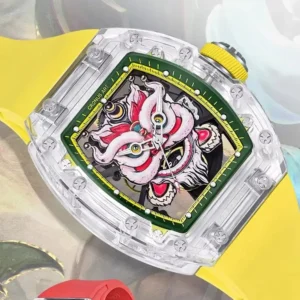 CRONUSART Men Automatic Watch 50mm Tonneau Mechanical Wristwatch Sapphire Case Luminous Skeleton Awakening Lion Dial