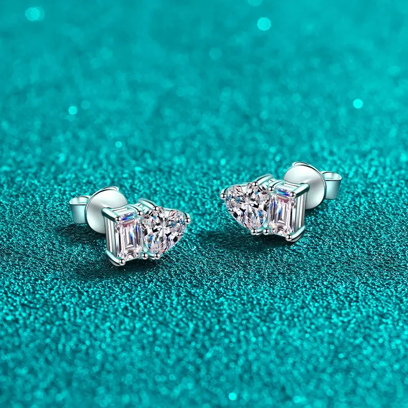 2cttw Heart & Emerald Cut Two Stone Moissanite Stud Earrings for Women Lab Grown Diamond GRA Certified S925 Silver Jewelry Gifts - Image 2