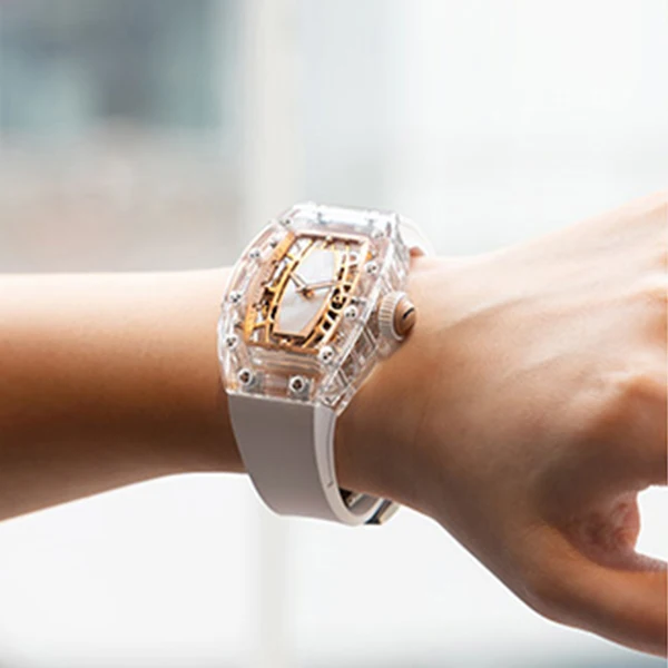 CRONUSART Women Automatic Watch 31.5*45.5mm Acrylic Tonneau Lady Mechanical Wristwatch Fluororubber Strap Luminous Skeleton Dial - Image 3