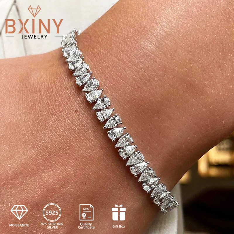 BXINY 3*5mm Pear Cut Moissanite Tennis Bracelets S925 Silver Waterdrop Lab Diamond Hand Chain HipHop Jewelry Gifts GRA Certified