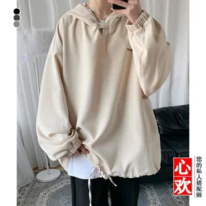 Fall Winter Letter Print Pocket Men Long Sleeve Hooded Sweatshirts Loose Vintage Korean Fashion Simple Oversized Couple Clothing