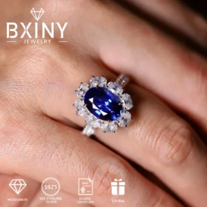 BXINY Certified 2CT Oval Cut Bule Moissanite Ring S925 Silver Sapphire Lab Diamond Halo Wedding Band For Women Fine Jewelry Gift