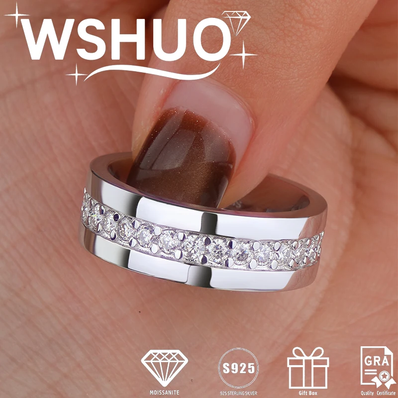 WSHUO 2mm Full Moissanite Rings Lab Diamond 925 Sterling Silver Eternity Wedding Ring for Women Man with Certified Fine Jewelry