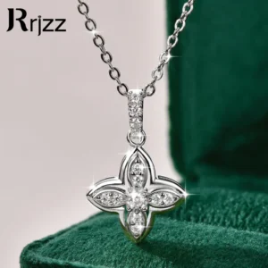 Rrjzz Certified Full Moissanite Four Leaves Necklace for Women Lab Imitation Diamond Birthday Pendant Necklace GRA Jewelry Gift