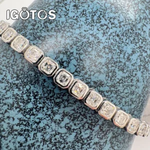 IGOTOS Asscher Cut Moissanite Tennis Bracelet for Women Men 3*3mm Sparkling Lab Diamond Bangle S925 Sterling Silver Fine Jewelry
