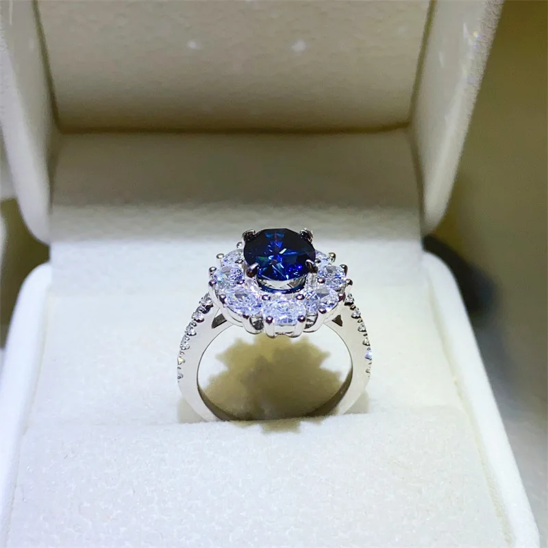 BXINY Certified 2CT Oval Cut Bule Moissanite Ring S925 Silver Sapphire Lab Diamond Halo Wedding Band For Women Fine Jewelry Gift - Image 4
