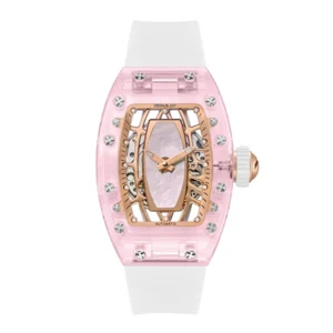 CRONUSART Women Automatic Watch 31.5*45.5mm Acrylic Tonneau Lady Mechanical Wristwatch Fluororubber Strap Luminous Skeleton Dial