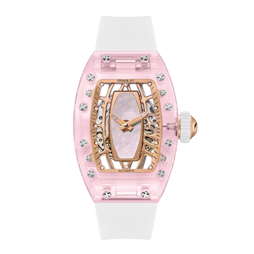 CRONUSART Women Automatic Watch 31.5*45.5mm Acrylic Tonneau Lady Mechanical Wristwatch Fluororubber Strap Luminous Skeleton Dial