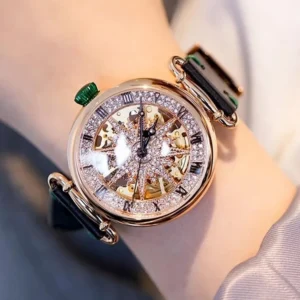 High Quality Women Elegant Mechanical Watch Genuine Leather Strap Pin Buckle Shiny Diamonds Watches Office Lady Work Wristwatch