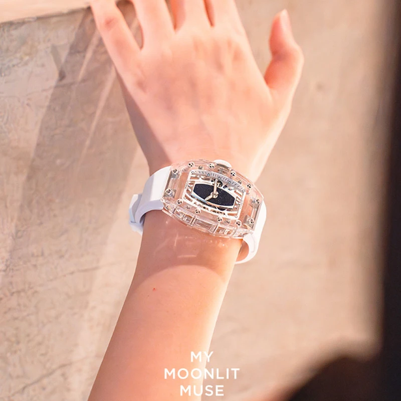 CRONUSART Women Automatic Watch 31.5*45.5mm Acrylic Tonneau Lady Mechanical Wristwatch Fluororubber Strap Luminous Skeleton Dial - Image 4