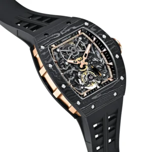 CRONUSART Men Tourbillon Watch Luxury 50mm Tonneau Carbon Fiber Case & Dial Mechanical Wristwatch Fluororubber Strap Luminous