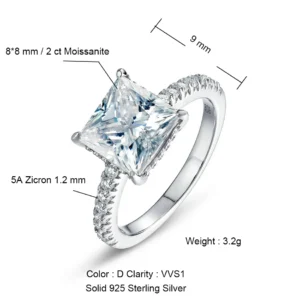 ALLNOEL 925 Silver 2/3CT Princess Cut Moissanite Ring for Women D Color VVS1 Clarity Lab Diamond Wedding Band Gift GRA Certified