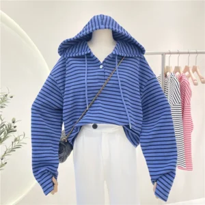 New Striped Hoodie Sweatshirt Women's Spring Autumn 2025 Fashion Preppy Style Retro Long Sleeve Top Loose Pullover