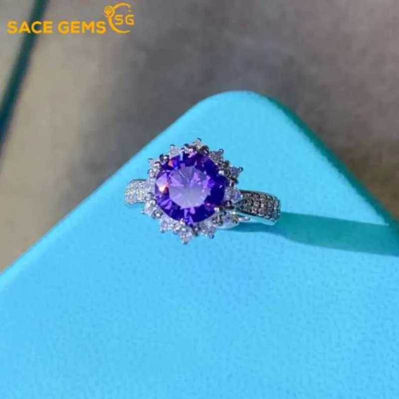 SACE GEMS GRA Certified 2CT Purple Moissanite Ring VVS1 Lab Diamond Solitaire Ring for Women Engagement Wedding Band Jewelry
