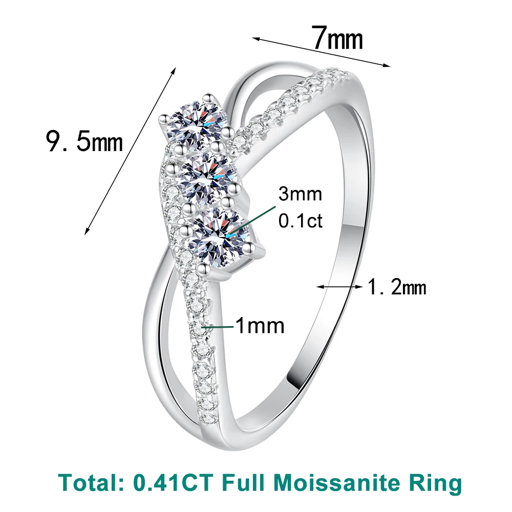 IGOTOS Full Moissanite Rings Certified Women Double Line Three-Stone Lab Diamond Ring 925 Sterling Silver Wedding Bands Jewelry - Image 2