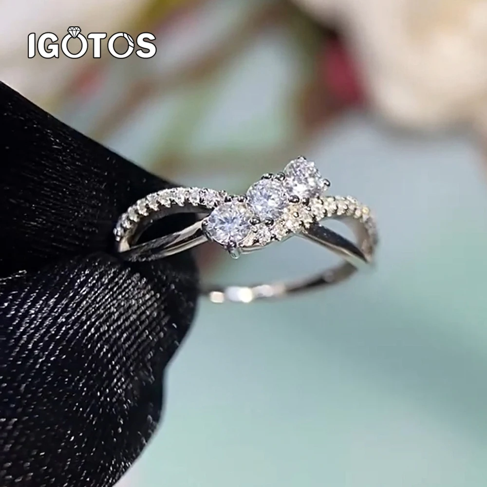 IGOTOS Full Moissanite Rings Certified Women Double Line Three-Stone Lab Diamond Ring 925 Sterling Silver Wedding Bands Jewelry