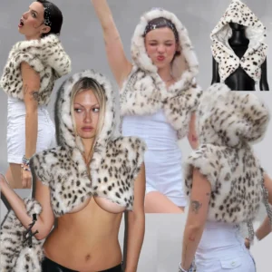 Furry Faux Fur Hooded Hats For Women Men Leopard Print Warm Ring Scarf Balaclava Hat Girls Trendy Coat Scarf Short Tank Top Caps