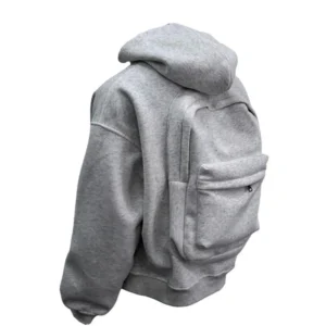 Men Sweatshirt Coat Casual Hooded Top Long Sleeve Zipper Closure Hoodie Coat with Schoolbag Design Solid Color Loose Outerwear