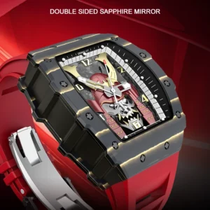 CRONUSART Men Automatic Watch Luxury Mechanical Wristwatch NTPT Carbon Fibre Tonneau Case Luminous Fluororubber Strap Skeleton