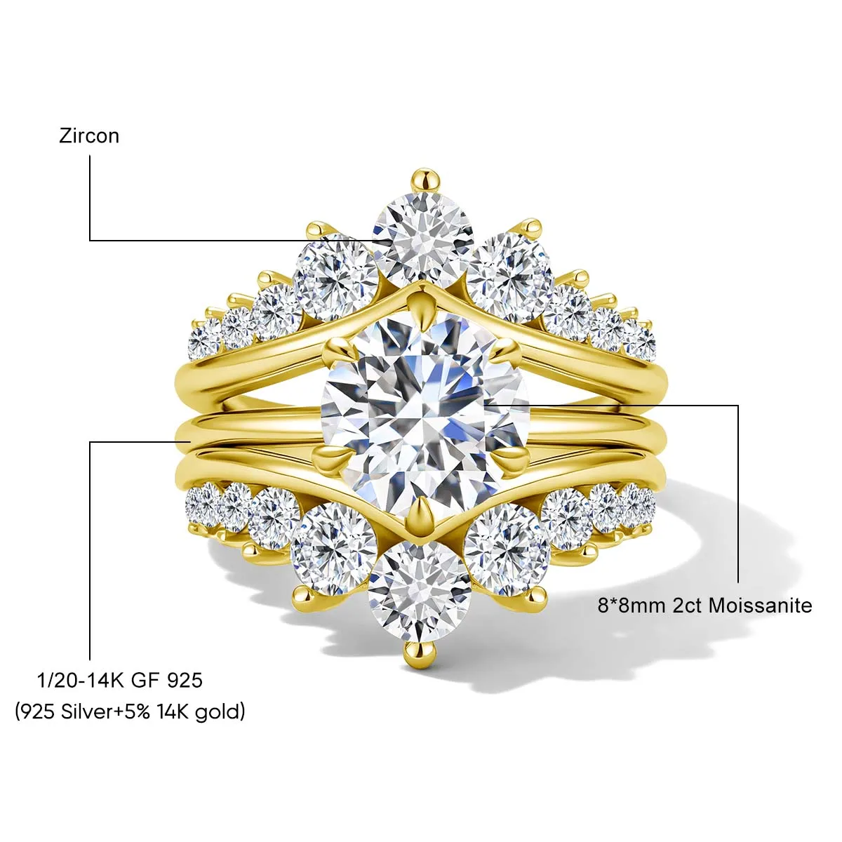SDOOU 2Pcs 14K Gold Filled Bridal Sets Ring With GRA Certified 2ct Moissanite Lab Diamond Engagement Wedding Jewelry For Her - Image 2