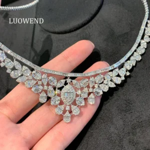 LUOWEND 100% 18K White Gold Necklace Luxury Elegant Style 7.30carat Real Natural Diamond Necklace for Women High Party Jewelry