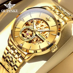 OUPINKE 3308 Mens Watch Original Skeleton Automatic Mechanical Watch Stainless Steel 50M Waterproof Watches For Man Gift Box