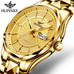 OUPINKE 3172 Gold Men's Watch Dual Calendar Display Stainless steel Waterproof Luminous Wristwatch for Men