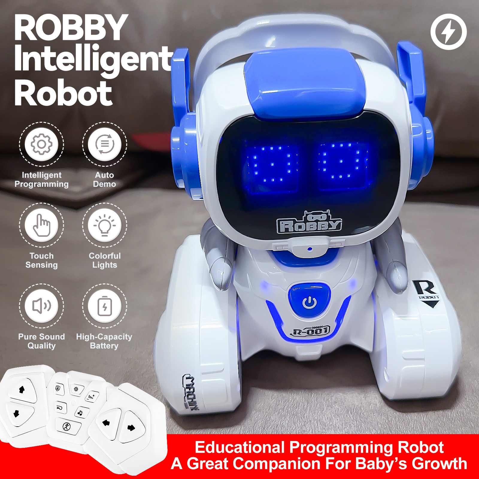 RC Robot for Kids with Facial Expression AI Interactive Intelligent Remote Control Smart Robo with Magic Voice Record LED eyes Gesture Induction Programming Touch Induction Robot Gift for Kids