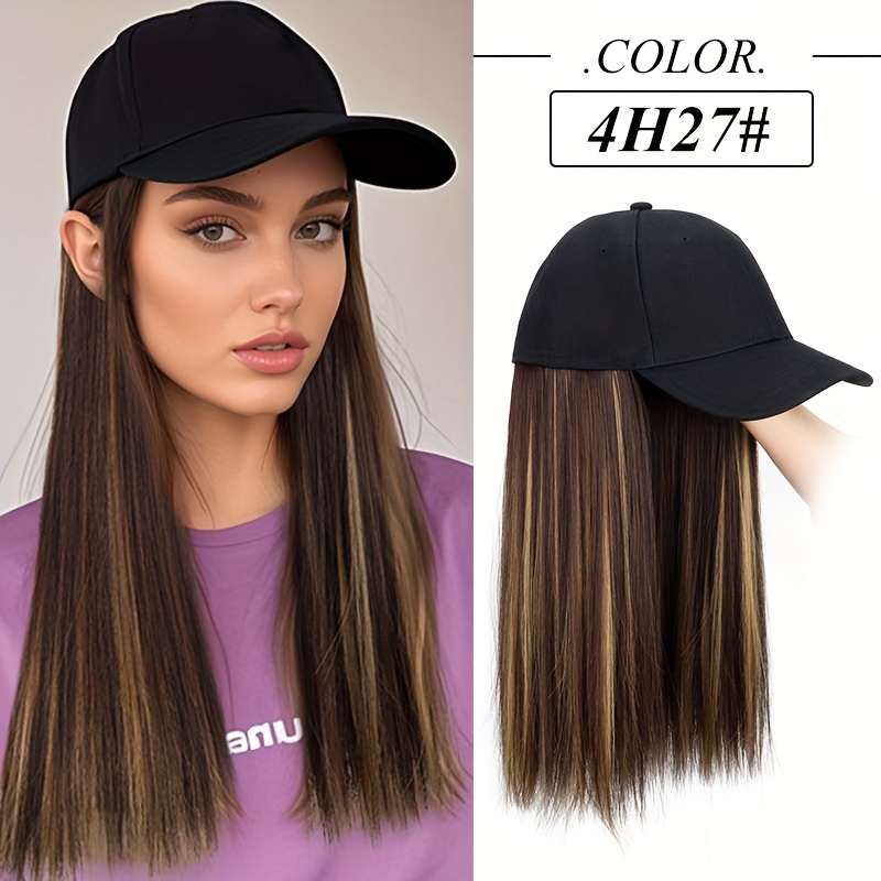 Women's All-In-One Hat Wig with Baseball Cap & Long Straight Black Synthetic Hair Extension - Adjustable Strap, Natural-Looking Density for Casual & Formal Styles, Versatile Hairpiece, Sleek Hairstyle, Secure Fit, Beauty Enhancement - Image 7
