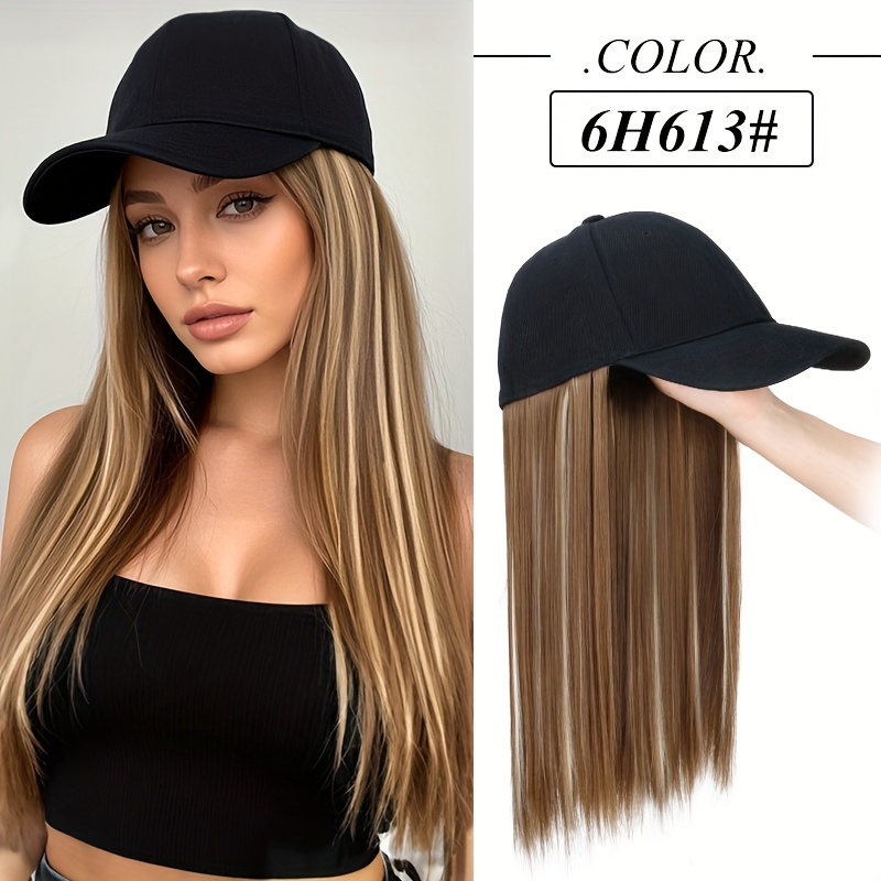 Women's All-In-One Hat Wig with Baseball Cap & Long Straight Black Synthetic Hair Extension - Adjustable Strap, Natural-Looking Density for Casual & Formal Styles, Versatile Hairpiece, Sleek Hairstyle, Secure Fit, Beauty Enhancement