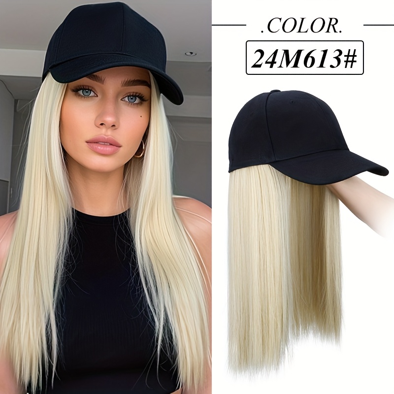 Women's All-In-One Hat Wig with Baseball Cap & Long Straight Black Synthetic Hair Extension - Adjustable Strap, Natural-Looking Density for Casual & Formal Styles, Versatile Hairpiece, Sleek Hairstyle, Secure Fit, Beauty Enhancement - Image 6
