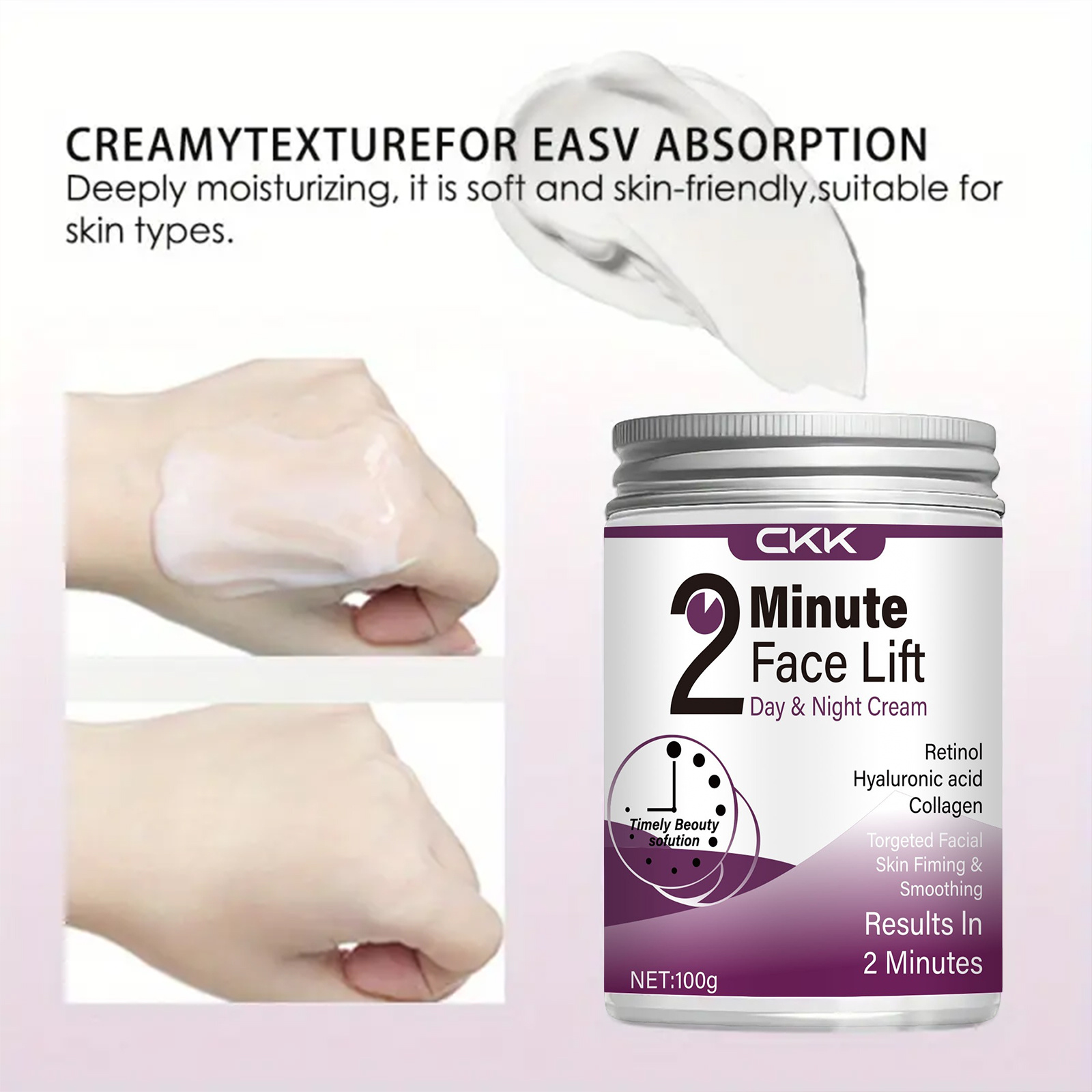 2-minute facial lifting day and night cream, containing hyaluronic acid, collagen and peptides - 100 grams provides rapid hydration, suitable for all light skin types, firming and smoothing, visible results in just 2 minutes - Image 7