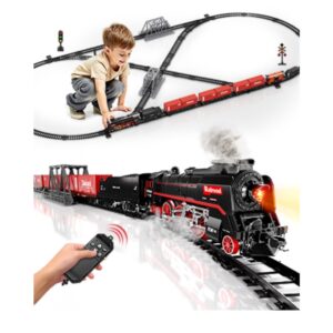 Model Train Set, Remote Control Train Toys with 3Way Smoke Locomotive, 5 Train Cars, Luxury Track Kit, Authentic Train Sounds & Lights, Rechargeable Battery, Top Present for Train Lovers stocking stuffers kids christmas gifts christmas decorations toddler boy toys cool toys toddler girl toys juguetes para ninos juguetes para ninosy ninas christmas gifts for kids boys toys clearance stocking stuffers for kids