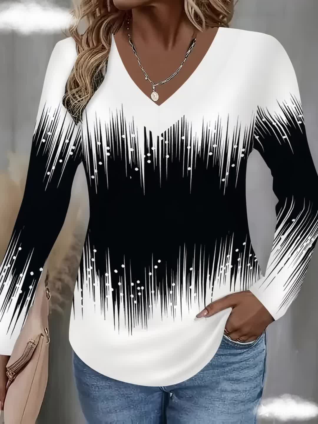 Women'S Elegant Ombre V-Neck Long Sleeve T-Shirt - Black to White Gradient Print, Soft Smooth Texture Casual Top, All-Season Comfortable Shirt with Full-Body Print, Versatile Everyday & Semi-Formal Wear, Durable Smooth Fabric for Women'S Fashion - Image 4