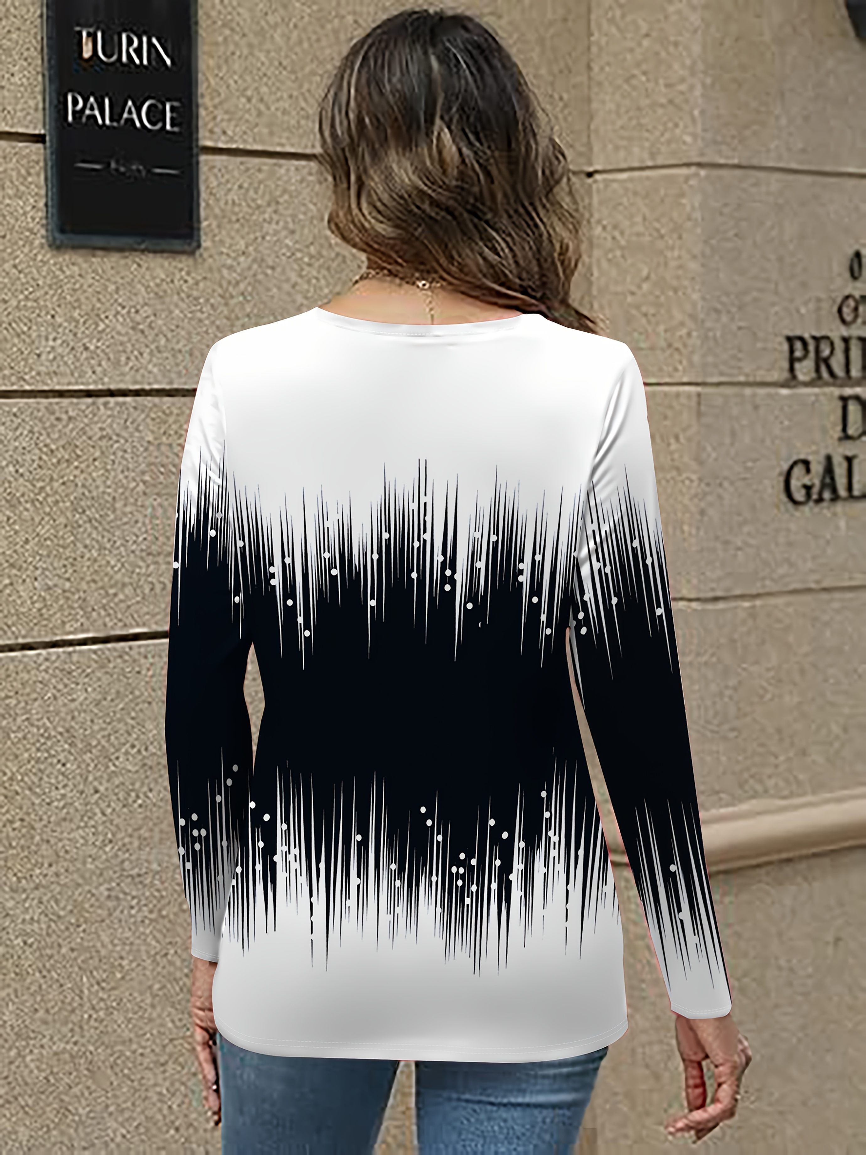Women'S Elegant Ombre V-Neck Long Sleeve T-Shirt - Black to White Gradient Print, Soft Smooth Texture Casual Top, All-Season Comfortable Shirt with Full-Body Print, Versatile Everyday & Semi-Formal Wear, Durable Smooth Fabric for Women'S Fashion - Image 2