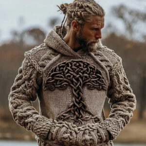 Plus Size Viking Wolf Totem Tree of Life Men'S Hoodie | Art Pattern Long Sleeve Fleece Coat with Kangaroo Pocket, Warm, Casual Loose Fit, Hooded, All Over Print, Perfect for Daily Leisure and Party, Autumn/Winter Fashion Trendy Top.