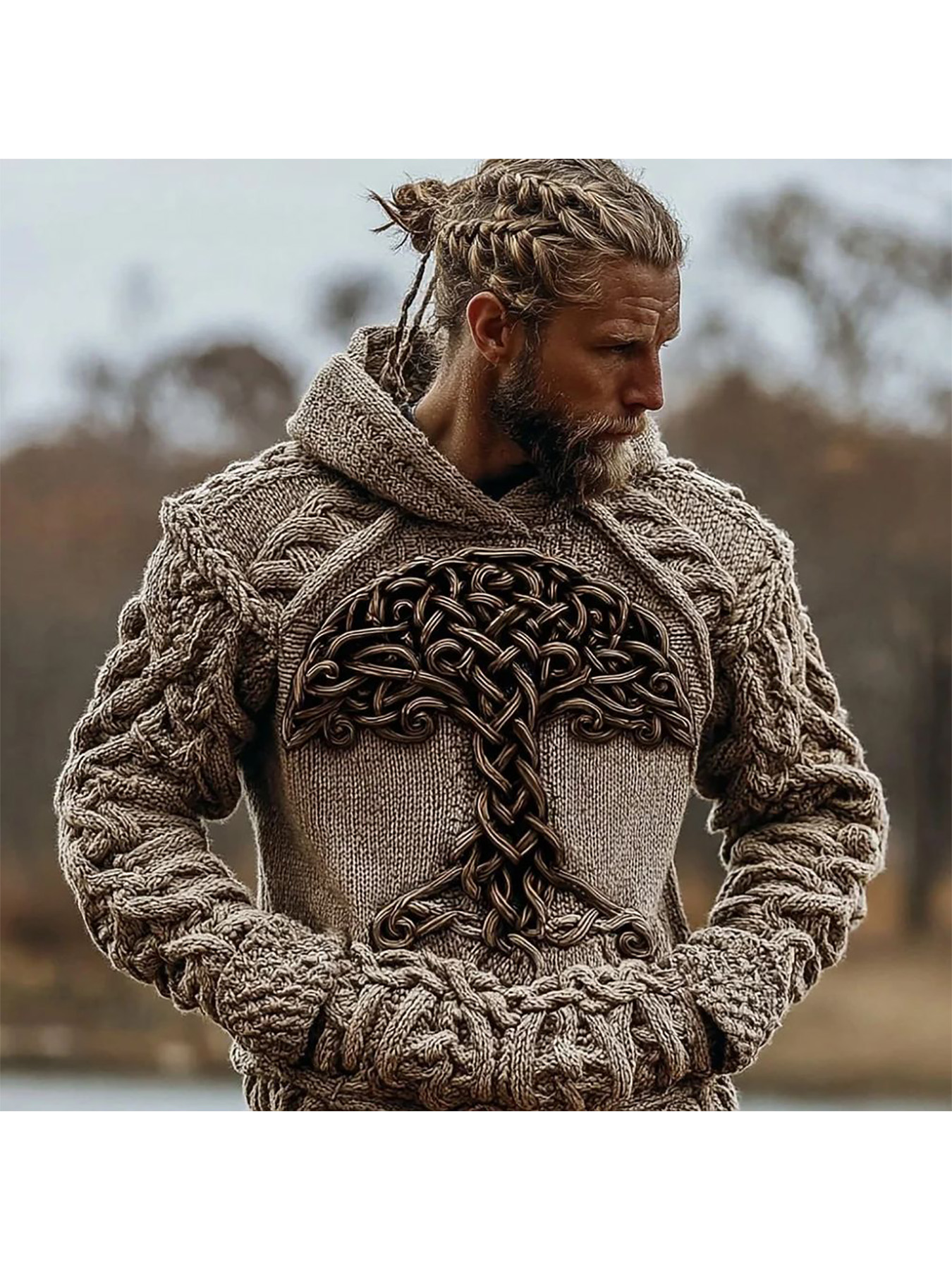 Plus Size Viking Wolf Totem Tree of Life Men'S Hoodie | Art Pattern Long Sleeve Fleece Coat with Kangaroo Pocket, Warm, Casual Loose Fit, Hooded, All Over Print, Perfect for Daily Leisure and Party, Autumn/Winter Fashion Trendy Top.